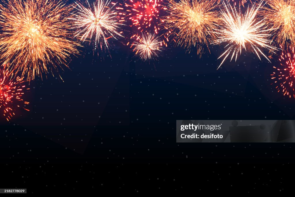 Red golden silver colored multiple fireworks sparkling crackers explosions over starry black sky festive glowing glittering horizontal vector backgrounds for 4th July, Australia Day, Happy New Year's eve, Christmas, Diwali celebrations posters, wallpapers