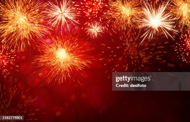 ilustrações de stock, clip art, desenhos animados e ícones de orange yellow golden colored shiny fireworks sparkling multiple fire crackers explosions on festive horizontal vector red maroon backgrounds for 4th july, australia day, happy new year, christmas, diwali celebrations greeting cards, posters, wallpapers - receção de ano novo