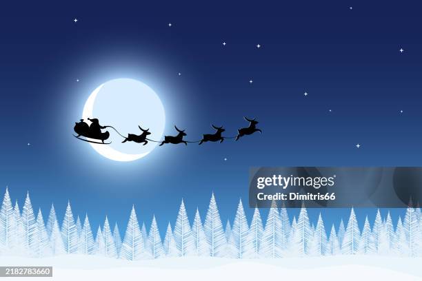 christmas scene: santa claus sleigh into the christmas sky - full moon wallpaper stock illustrations