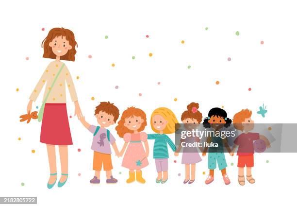 ilustraciones, imágenes clip art, dibujos animados e iconos de stock de grupo de niños de preescolar y el maestro - escuela preescolar