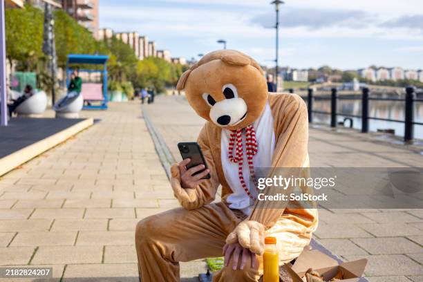 teddy bear checking messages on smartphone - fall theme stock pictures, royalty-free photos & images
