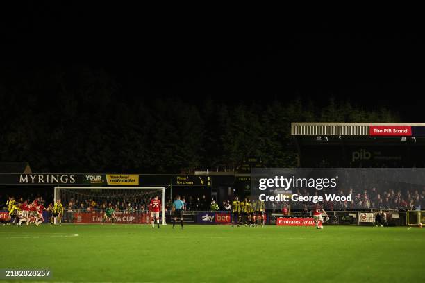 General view of play during the Emirates FA Cup First Round match between Harrogate Town and Wrexham AFC at The Exercise Stadium on November 03, 2024...