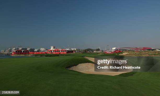 View of the 18th hole prior to the Abu Dhabi HSBC Championship 2024 at Yas Links Golf Course on November 04, 2024 in Abu Dhabi, United Arab Emirates.