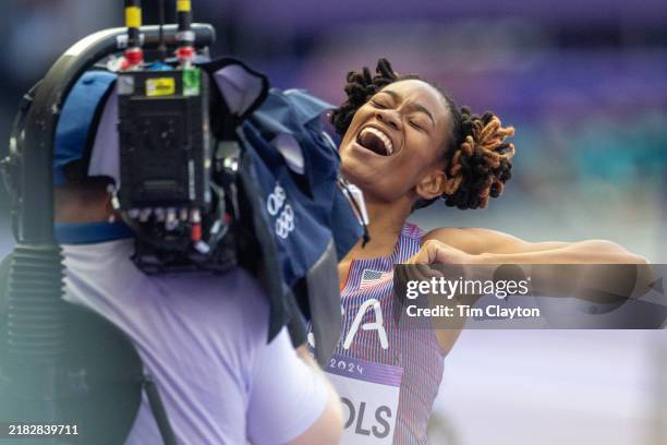 Monae' Nichols of the United States reacts during Women's Long Jump qualification during the Athletics Competition at the Stade de France during the...