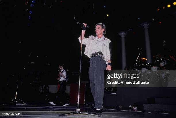 Duran Duran singer Simon Le Bon during a live performance on the US leg of their world tour, 1984.