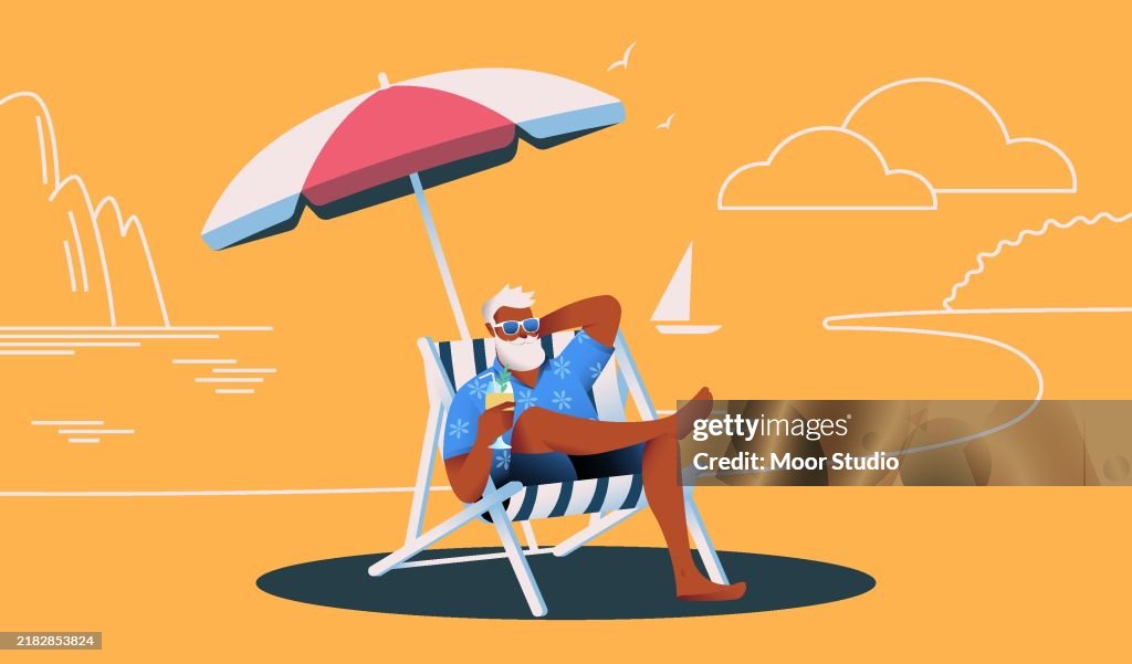 Senior man sitting in a sun lounger vector illustration