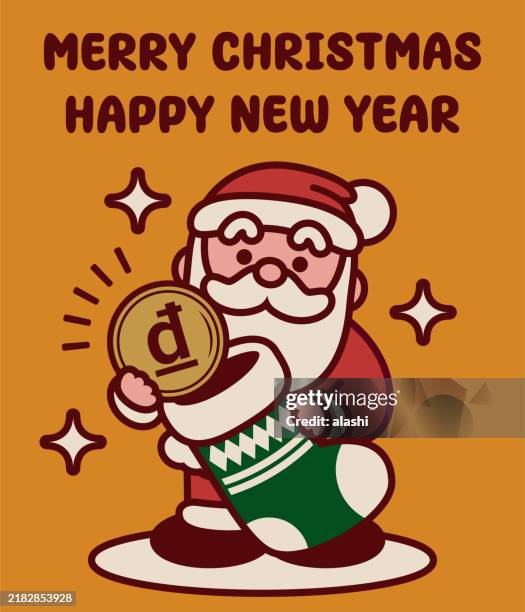 adorable santa claus is putting money into the christmas stockings to wish you a merry christmas and a happy new year - vietnam market stock illustrations