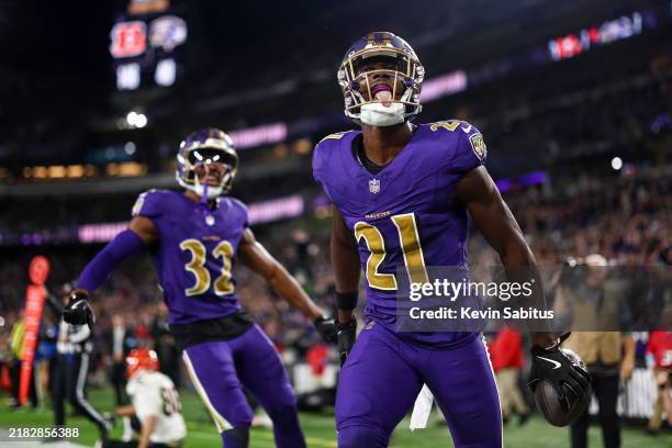Brandon Stephens of the Baltimore Ravens celebrates after a play during the first half of an NFL football game against the Cincinnati Bengals at M&T...