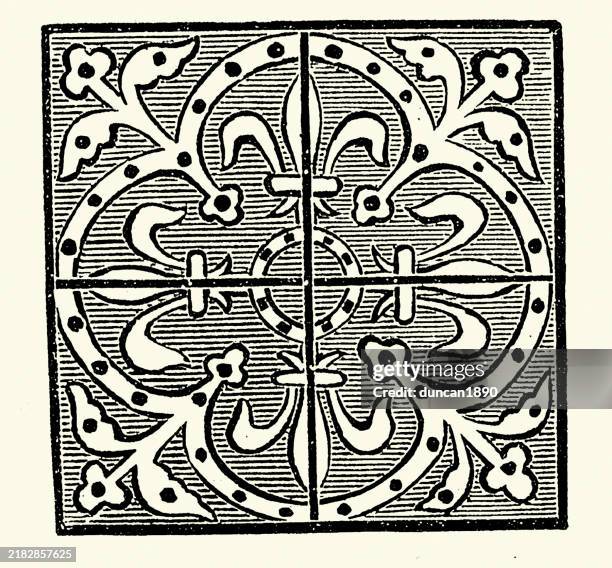 medieval title design, geometrical shape, fleur-de-lis repeating, art design, vintage illustration 19th century victorian, by dora greenfield - fleur de lis background stock illustrations