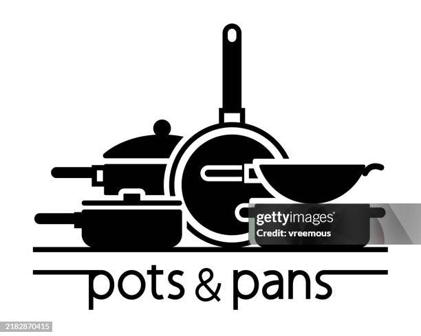 ilustrações de stock, clip art, desenhos animados e ícones de cooking pots and pans silhouette symbol - loja de utensílios de cozinha