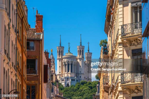 lyon cityscape with the basilica of fouvière on a sunny day - lyon stock pictures, royalty-free photos & images