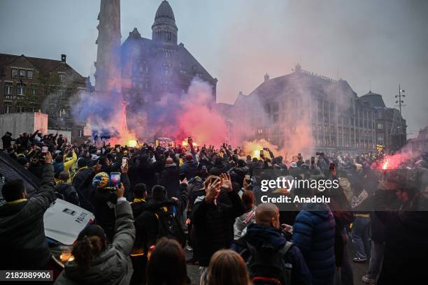 Fans of Maccabi Tel Aviv stage a pro-Israel demonstration at the Dam Square, lighting up flares and chanting slogans ahead of the UEFA Europa League...