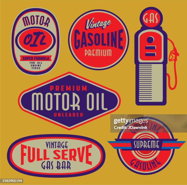 vector illustration of a set of old fashioned or vintage gas bar and motor oil can signs and labels - auto body shop logo stock illustrations
