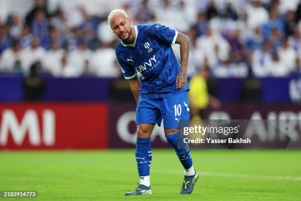 Neymar of Al-Hilal reacts after an injury during the AFC Champions League Elite match between Al-Hilal and Esteghlal at Kingdom Arena on November 04,...