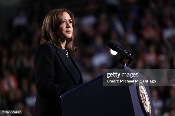 Democratic presidential nominee, U.S. Vice President Kamala Harris speaks at a campaign rally on November 04, 2024 in Allentown, Pennsylvania. With...