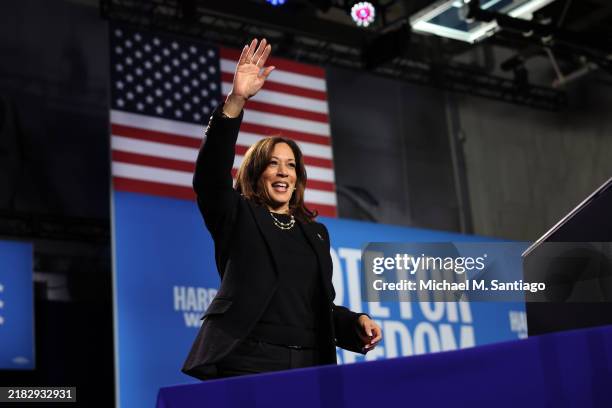 Democratic presidential nominee, U.S. Vice President Kamala Harris waves as she walks off the stage during a rally at Muhlenberg College Memorial...