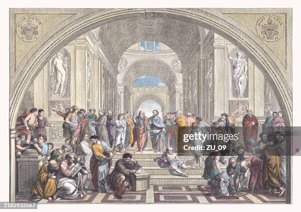 school of athens, painted by raphael, hand-colored woodcut, publoished 1873 - classical arch stock illustrations