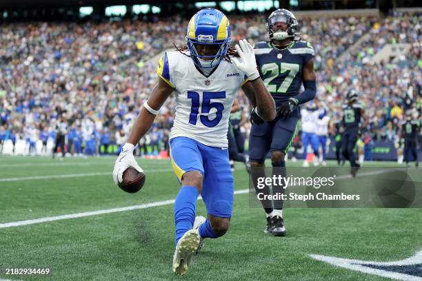 Demarcus Robinson of the Los Angeles Rams celebrates a touchdown during the third quarter against the Seattle Seahawks at Lumen Field on November 03,...