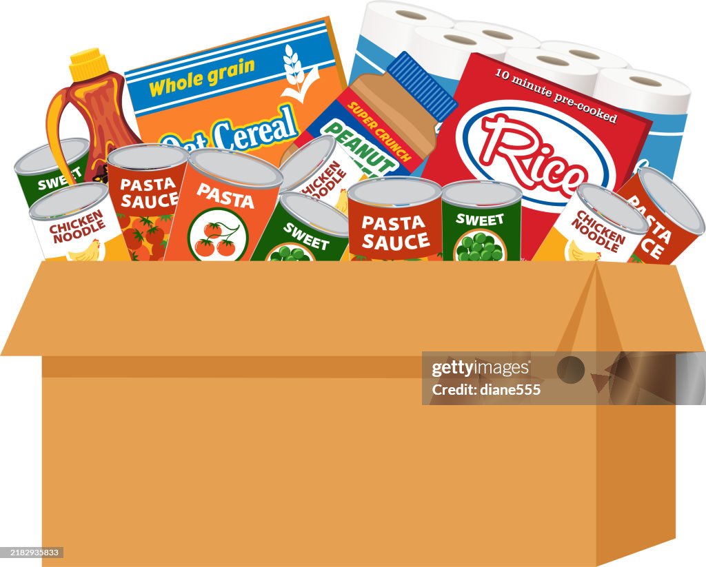 Kiste mit Lebensmitteln zum Spenden auf einem transparenten Hintergrund