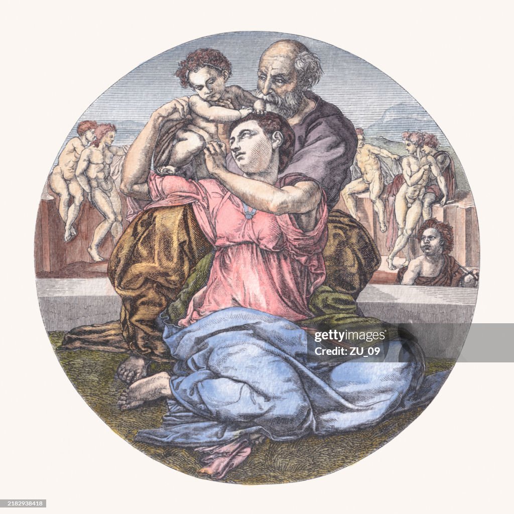 Doni Tondo, painted by Michelangelo, hand-colored wood dengrving, published1895
