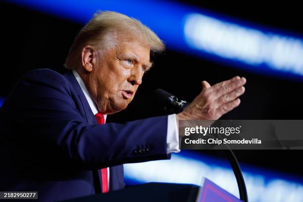Republican presidential nominee, former President Donald Trump holds a campaign rally at the PPG Paints Arena on November 04, 2024 in Pittsburgh,...