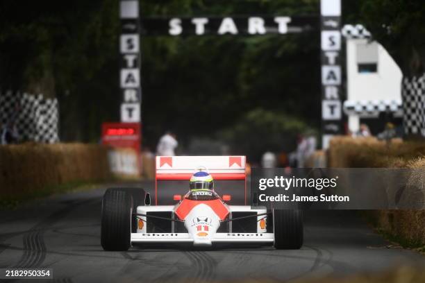 McLaren-Honda MP4/4 from 1988 during the Goodwood Festival Of Speed at Goodwood House & Estate, West Sussex, England on July 16, 2023 in Goodwood...
