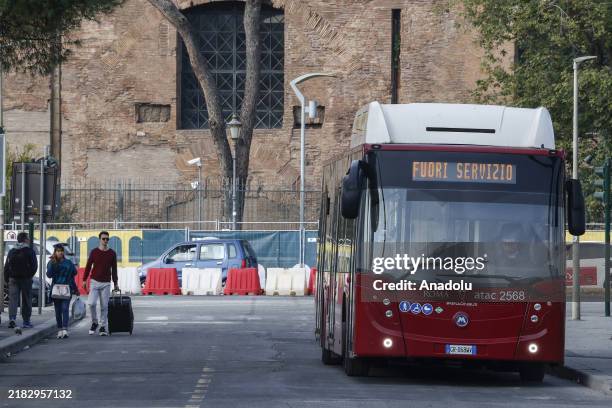 Bus out of service is seen during a 24-hour local public transport called by several unions to demand for the renew the sector's collective labour...