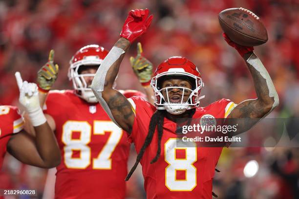 DeAndre Hopkins of the Kansas City Chiefs celebrates after his touchdown reception against the Tampa Bay Buccaneers during the second quarter at GEHA...