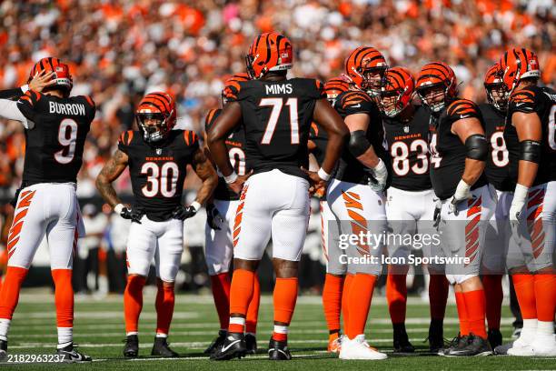 Cincinnati Bengals offensive tackle Amarius Mims stands on the field with the Cincinnati Bengals offense during the game against the Las Vegas...