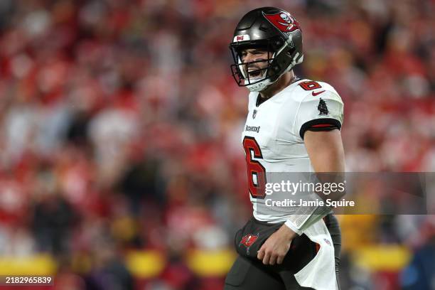 Baker Mayfield of the Tampa Bay Buccaneers celebrates after throwing a touchdown pass against the Kansas City Chiefs during the third quarter at GEHA...
