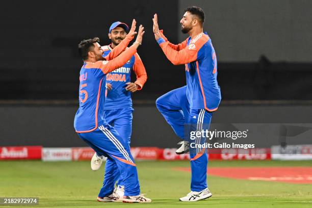 Varun Vinod of India celebrates the wicket of Ryan Rickelton of South Africa during the Wonder Cement International Series, 1st T20 match between...