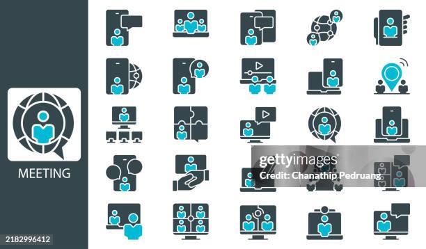 meeting icon set. solid icon collection. vector illustration. stock illustration icon symbol, interview - event, presentation - speech, people - group interview stock illustrations