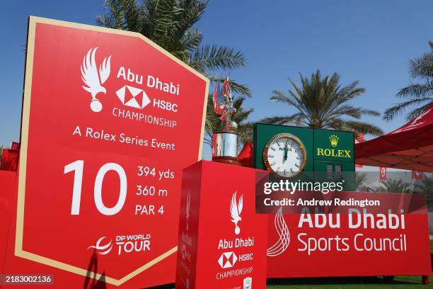 View of the trophy on display on the tenth tee during the Pro-Am prior to the Abu Dhabi HSBC Championship 2024 at Yas Links Golf Course on November...