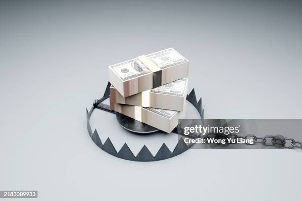 Stack Of American Dollars And Bear Trap Financial Trap Concept, Foto de stock