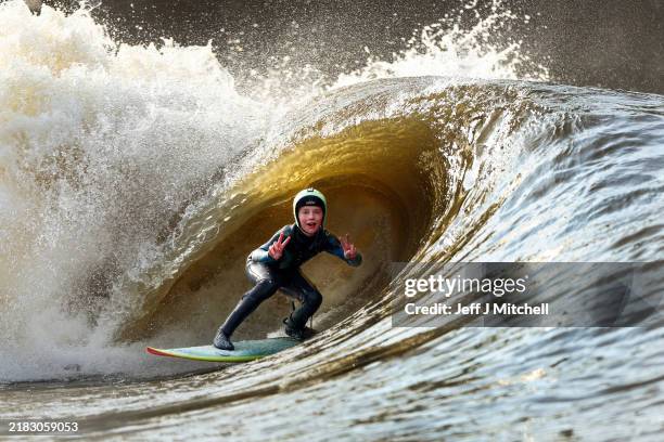 Surfer Kia Cruickshanks tests out Lost Shore Surf Resort the nation’s first inland surf destination on November 05, 2024 in Newbridge, Scotland. The...