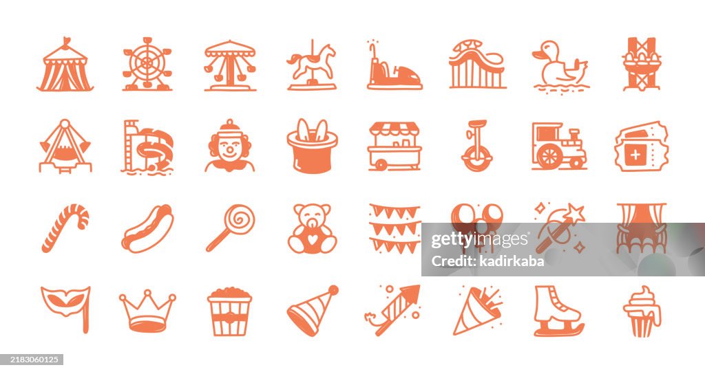 Unterhaltung handgezeichnet und Doodle Line Icon Set. Gruppe von Objekten. Genuss, Spaß, Zirkus, Unterhaltung.