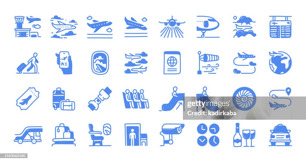 Airport hand drawn and doodle line icon set. Group of object. Airplane, passenger, flying, general aviation.