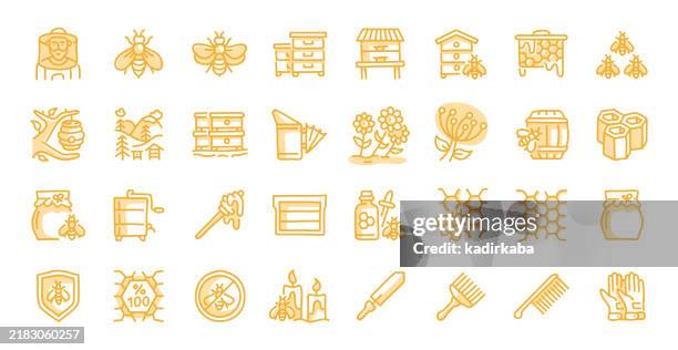 apiculture hand drawn and doodle line icon set. group of object. apiary, beekeeper. - bumblebee flower stock illustrations