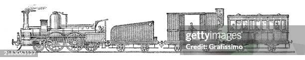 antique steam train steel engraving on white background 1899 - train operator stock illustrations