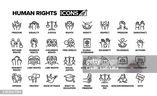 Human rights line icon set. Group of object. Freedom, equality, justice, respect, democracy. Human rights line icon set. Group of object. Freedom, equality, justice, respect, democracy.