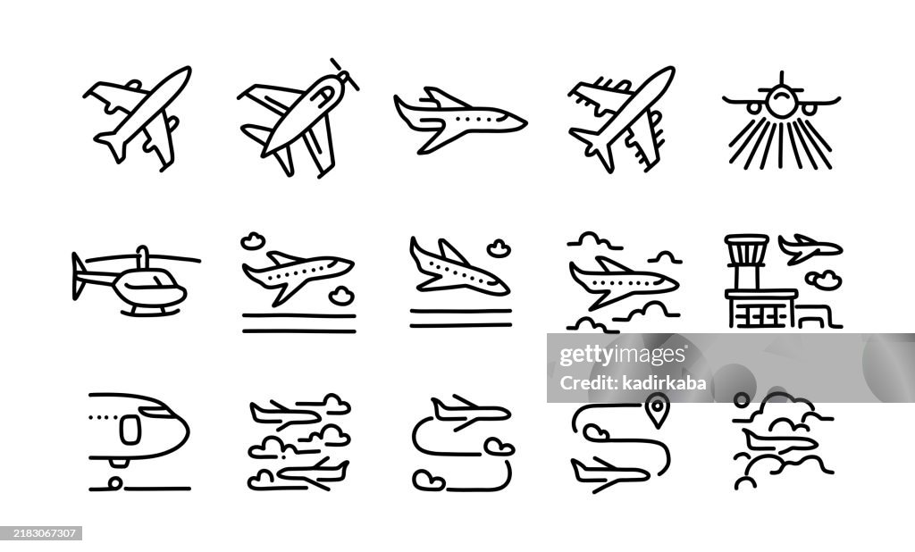 Aircraft hand drawn and doodle line icon set. Group of object. Air vehicle, airplane, airport.