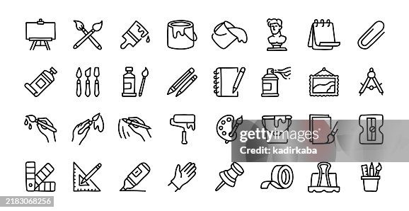 Kunstwerkzeuge, handgezeichnet und Kritzellinien-Icon-Set. Gruppe von Objekten. Malerei, Künstler, Kreativität, Hobbys, Kunst. Kunstwerkzeuge, handgezeichnet und Kritzellinien-Icon-Set. Gruppe von Objekten. Malerei, Künstler, Kreativität, Hobbys, Kunst.