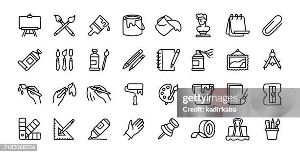 stockillustraties, clipart, cartoons en iconen met art tools hand drawn and doodle line icon set. group of object. painting, artist, creativity, hobbies, art. - paint tube