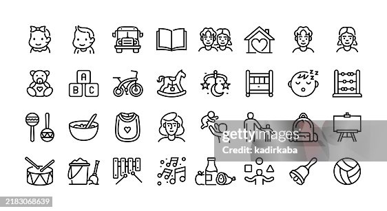 Kindergarten line icon set. Group of object. Pre-school, school building, boy, girl, student. Kindergarten line icon set. Group of object. Pre-school, school building, boy, girl, student.