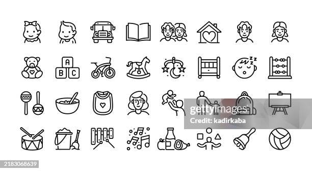kindergarten line icon set. group of object. pre-school, school building, boy, girl, student. - elementary-school-icons stock illustrations