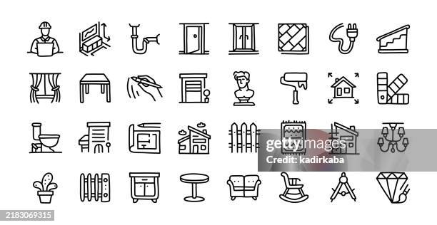 architecture hand drawn and doodle line icon set. group of object. architect, blueprint, engineer. - futuristic interior design stock illustrations