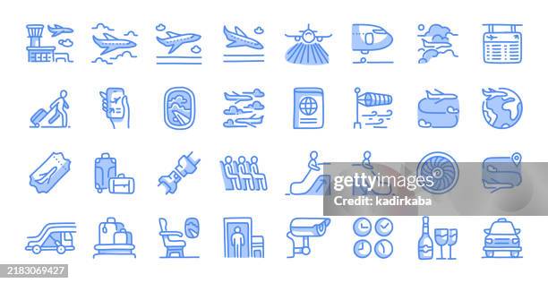 airport hand drawn and doodle line icon set. group of object. airplane, passenger, flying, general aviation. - aircraft wing stock illustrations