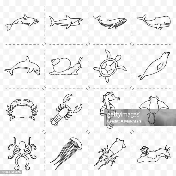ilustraciones, imágenes clip art, dibujos animados e iconos de stock de fish line icons. - cetáceo