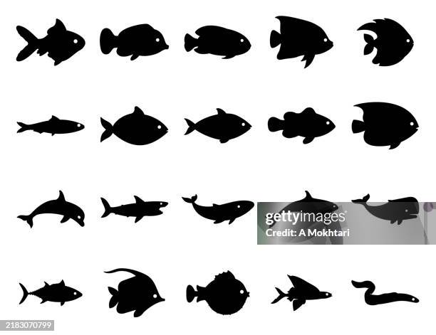 ilustraciones, imágenes clip art, dibujos animados e iconos de stock de icono y silueta de pez. - pescado