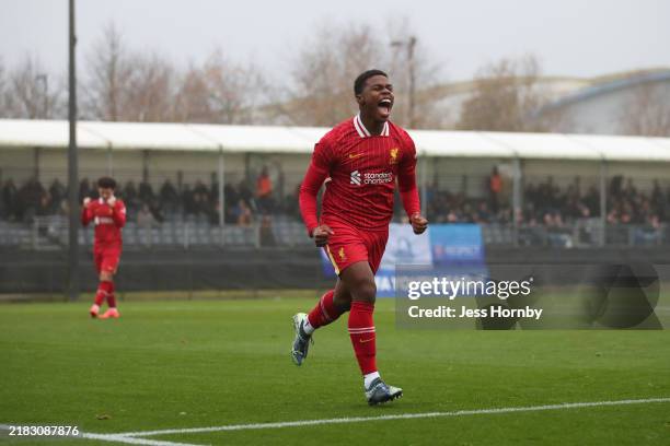 Keyrol Figueroa of Liverpool celebrates scoring his team's third goal during the UEFA Youth League match between Liverpool FC and Bayer 04 Leverkusen...